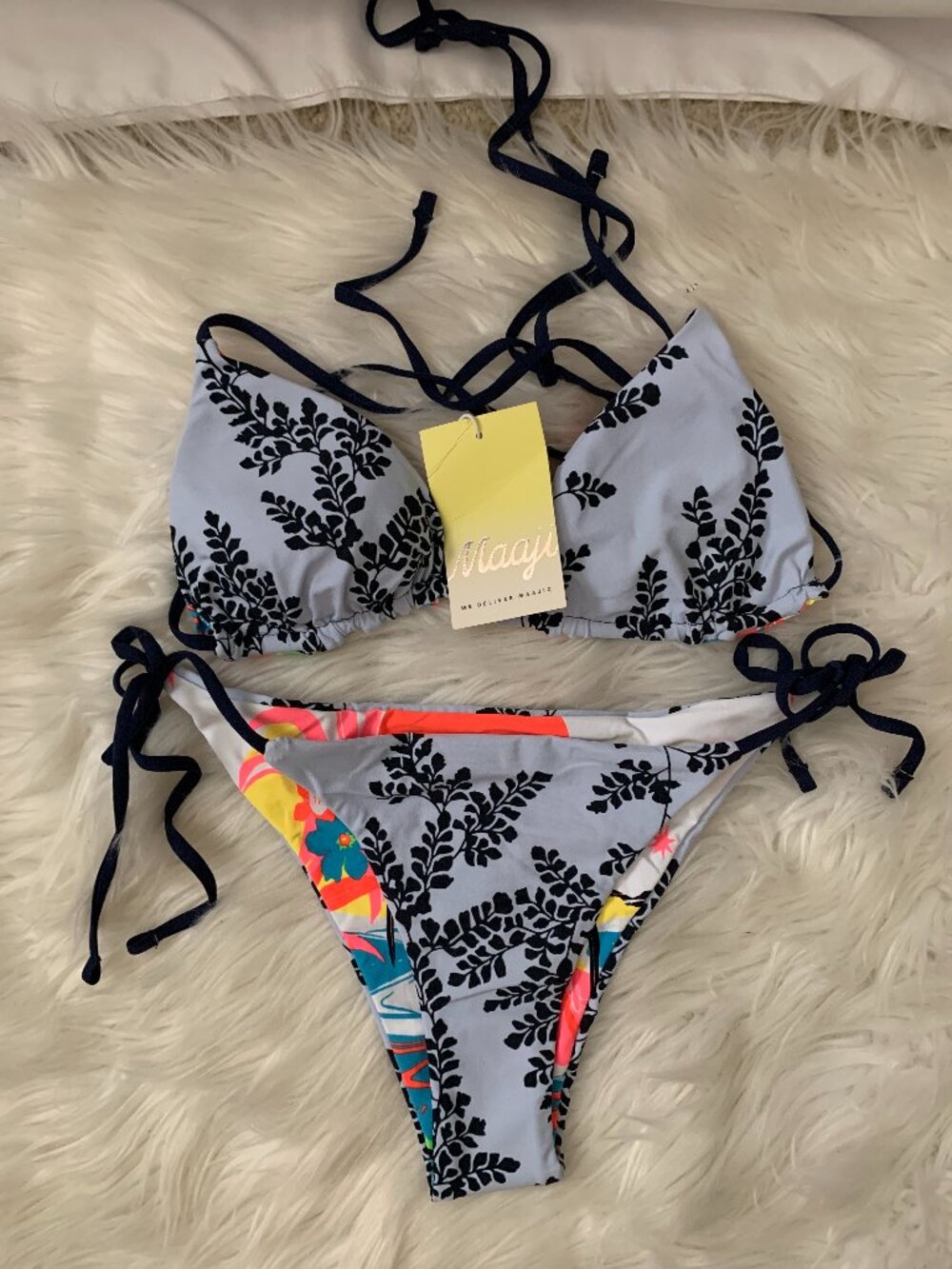 MAAJI Sky Vines Neon Floral Reversible Triangle String Bikini Set Sz MEDIUM